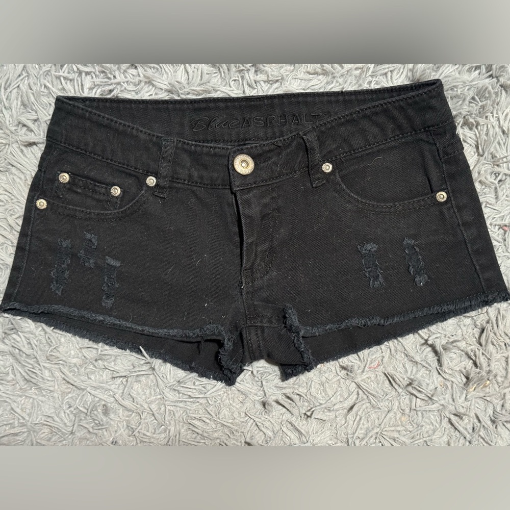 Blue Asphalt Distressed Black Denim Shorts